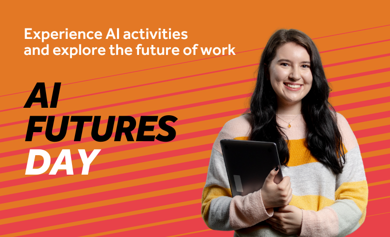 Student holding laptop - AI futures Day text