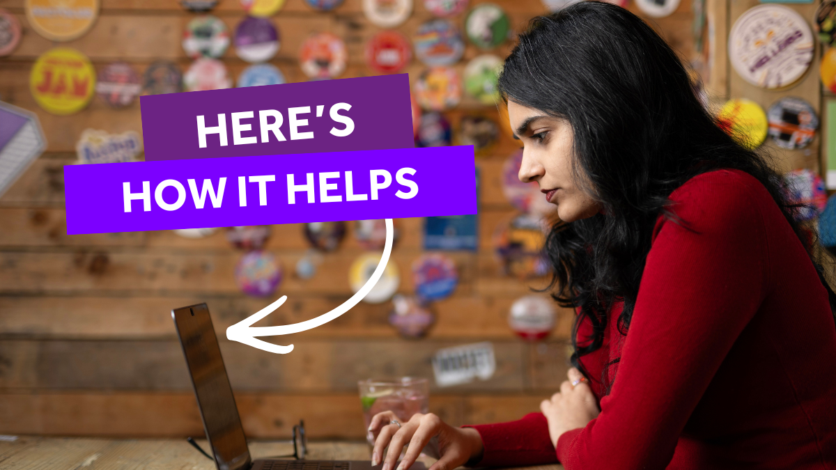 A student sat at a table, working on a laptop. Text above the student reads: "Here's how it helps" with an arrow to the laptop.