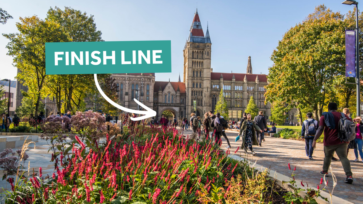 a photo of The University of Manchester on Oxford Road, taken from Brunswick Park, with an arrow poiting to the Whitworth Arch saying "Finish line"