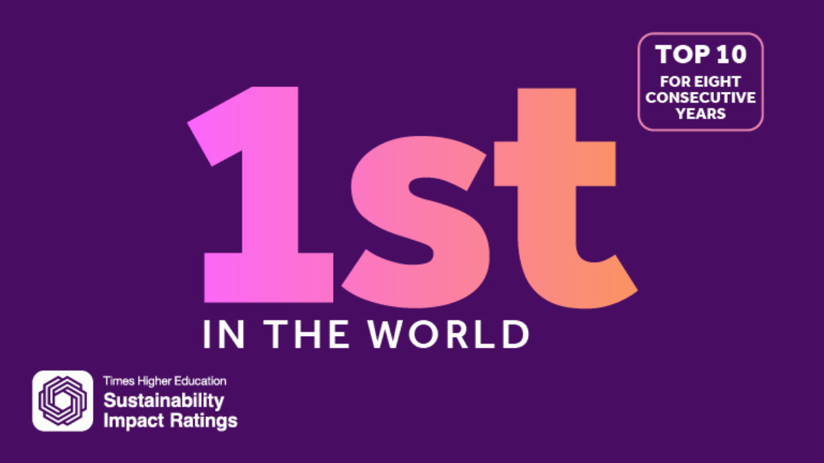 A purple graphic with large text saying "1st in the world" alongside the "Sustainability Impact Rankings" logo and a small box with text stating: "TOP 10 FOR EIGHT CONSECUTIVE YEARS"