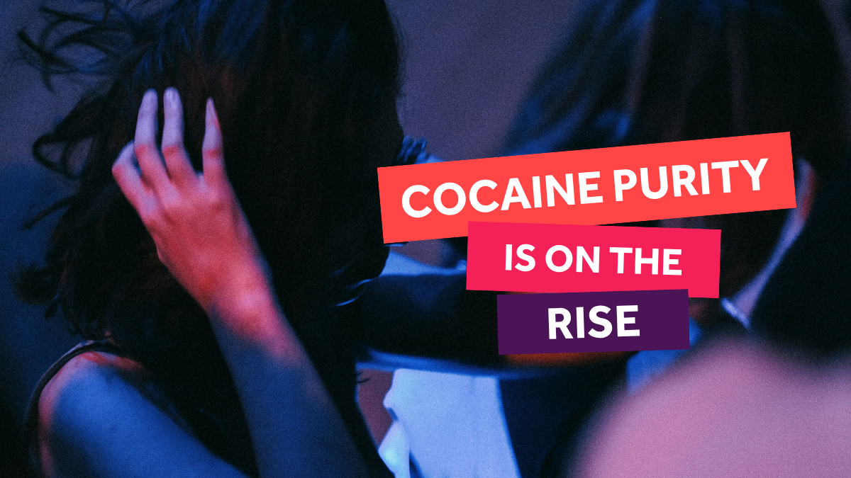 Image of female student feeling dizzy at an after party. The text 'cocaine purity is on the rise' is written over the image.